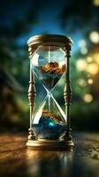 World's timer Hourglass with Earth signifies the pressing global warming challenge Vertical Mobile Wallpaper AI Generated photo
