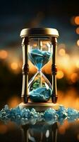World's timer Hourglass with Earth signifies the pressing global warming challenge Vertical Mobile Wallpaper AI Generated photo