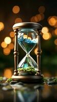 World's timer Hourglass with Earth signifies the pressing global warming challenge Vertical Mobile Wallpaper AI Generated photo