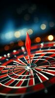 Business goal accomplished Red darts precisely hit center of target, portraying success. Vertical Mobile Wallpaper AI Generated photo