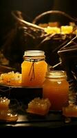 Candlelit backdrop highlights a basket overflowing with sweet honey jars Vertical Mobile Wallpaper AI Generated photo