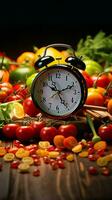 alarma reloj en medio de vibrante Produce simboliza sano viviendo, dieta conciencia, y oportuno opciones vertical móvil fondo de pantalla ai generado foto