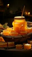 Candlelit backdrop highlights a basket overflowing with sweet honey jars Vertical Mobile Wallpaper AI Generated photo