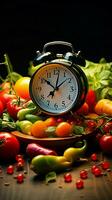 alarma reloj en medio de vibrante Produce simboliza sano viviendo, dieta conciencia, y oportuno opciones vertical móvil fondo de pantalla ai generado foto