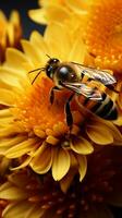 ocupado abejas cosecha girasol néctar, envuelto en dorado polen un vibrante sinergia vertical móvil fondo de pantalla ai generado foto