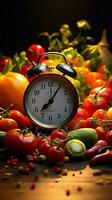 alarma reloj en medio de vibrante Produce simboliza sano viviendo, dieta conciencia, y oportuno opciones vertical móvil fondo de pantalla ai generado foto