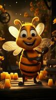 alegre abeja se inclina en colmena, ondulación en medio de miel frascos, abejas remontarse caprichoso campo vertical móvil fondo de pantalla ai generado foto