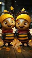 Charming bees with headphones exchange greetings, holding pencil musical creativity comes alive Vertical Mobile Wallpaper AI Generated photo