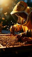 Among bees, beekeeper grasps honeycomb, uniting human care with natures abundance Vertical Mobile Wallpaper AI Generated photo