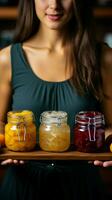 Closeup view woman holds wooden plate, showcasing diverse fruit jams in glass jars Vertical Mobile Wallpaper AI Generated photo