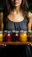 Closeup view woman holds wooden plate, showcasing diverse fruit jams in glass jars Vertical Mobile Wallpaper AI Generated photo