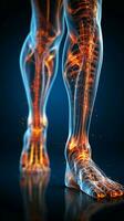 detallado 3d médico cifra, destacando rodilla y tobillo huesos de masculino fisiología vertical móvil fondo de pantalla ai generado foto