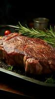 Angus steak leg piece, adorned with rosemary, awaits cooking in steel pan Vertical Mobile Wallpaper AI Generated photo