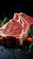 Detailed view raw T bone beef steak resting on a rich navy blue surface Vertical Mobile Wallpaper AI Generated photo