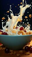 Dynamic breakfast Granola falls, milk splashes bowl captures healthy ingredients in flight Vertical Mobile Wallpaper AI Generated photo