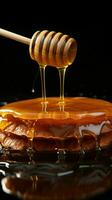 goteo miel capturado en un de madera cazo un invitación a saborear naturalezas dulzura vertical móvil fondo de pantalla ai generado foto