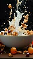 Dynamic breakfast Granola falls, milk splashes bowl captures healthy ingredients in flight Vertical Mobile Wallpaper AI Generated photo