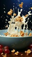 Dynamic breakfast Granola falls milk splashes bowl captures healthy ingredients in flight Vertical Mobile Wallpaper AI Generated photo