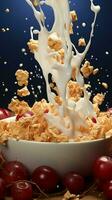 Dynamic breakfast Granola falls, milk splashes bowl captures healthy ingredients in flight Vertical Mobile Wallpaper AI Generated photo