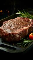 Angus steak leg piece, adorned with rosemary, awaits cooking in steel pan Vertical Mobile Wallpaper AI Generated photo