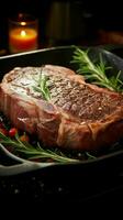 Angus steak leg piece, adorned with rosemary, awaits cooking in steel pan Vertical Mobile Wallpaper AI Generated photo