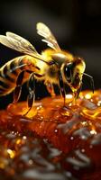 Energetic bee hovers over glass jar oozing golden honey nectar Vertical Mobile Wallpaper AI Generated photo