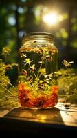 Energized bee escapes jar, amid foliage, lens flare adds dreamy radiance Vertical Mobile Wallpaper AI Generated photo