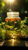 Energized bee escapes jar, amid foliage, lens flare adds dreamy radiance Vertical Mobile Wallpaper AI Generated photo
