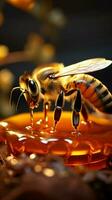 Energetic bee hovers over glass jar oozing golden honey nectar Vertical Mobile Wallpaper AI Generated photo