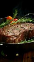 Angus steak leg piece, adorned with rosemary, awaits cooking in steel pan Vertical Mobile Wallpaper AI Generated photo
