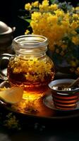 Floral tea in cup, honey jar, teapot surrounded by herbs relaxing nature ensemble Vertical Mobile Wallpaper AI Generated photo
