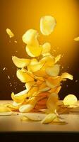 rápido comida magia patata papas fritas erigir por levitación en contra amarillo fondo, un encantador culinario proceso vertical móvil fondo de pantalla ai generado foto