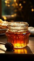 dorado miel llena vaso frasco, descansando en un rústico de madera mesa vertical móvil fondo de pantalla ai generado foto