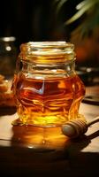 dorado miel llena vaso frasco, descansando en un rústico de madera mesa vertical móvil fondo de pantalla ai generado foto