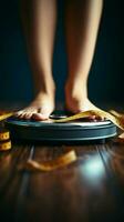 Health focused scene Womans feet on scales, tape measure foreground weight loss concept Vertical Mobile Wallpaper AI Generated photo
