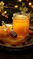 Harmonious blend honey filled basket amidst flickering candles on textured backdrop Vertical Mobile Wallpaper AI Generated photo