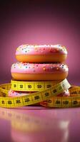 Healthy resolve Measuring tape binds donut, representing commitment to weight loss Vertical Mobile Wallpaper AI Generated photo