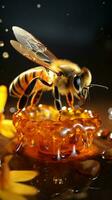 In flight, a bee graces a jar, honey glistening in delicate drops Vertical Mobile Wallpaper AI Generated photo