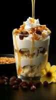 Muesli in glass with milk, drizzled with golden honey a nourishing treat Vertical Mobile Wallpaper AI Generated photo