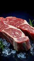 Navy blue background highlights the close up of a raw T bone beef steak Vertical Mobile Wallpaper AI Generated photo