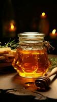 On wooden table, glass jar holds liquid gold a pot of sweet honey Vertical Mobile Wallpaper AI Generated photo