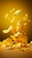 Potato chips suspended in midair, yellow background, depicting the captivating chip making process Vertical Mobile Wallpaper AI Generated photo