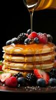 Shrove Tuesday indulgence honey cascades over pancake stack adorned with fresh fruits Vertical Mobile Wallpaper AI Generated photo