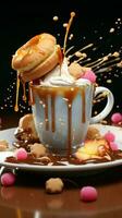 Splash complements pastries around a coffee cup, creating a confectionery visual treat Vertical Mobile Wallpaper AI Generated photo