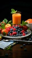 Balanced diet blueprint Menu, tape measure, dumbbells water, fresh fruits underline health Vertical Mobile Wallpaper AI Generated photo