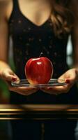 Unidentified female measures weight, balancing an apple, promoting wellness and self care Vertical Mobile Wallpaper AI Generated photo