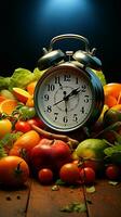 saludable escena frutas, vegetales rodear un alarma reloj, representando un sano estilo de vida vertical móvil fondo de pantalla ai generado foto