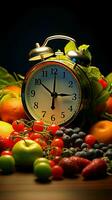 saludable escena frutas, vegetales rodear un alarma reloj, representando un sano estilo de vida vertical móvil fondo de pantalla ai generado foto