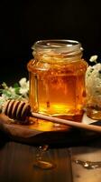 Wooden backdrop enhances closed honey jar preserving the allure of fresh sweetness Vertical Mobile Wallpaper AI Generated photo