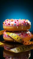 Weight loss journey Measuring tape restricts donut, highlighting dedication to diet Vertical Mobile Wallpaper AI Generated photo